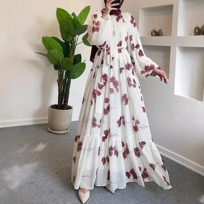 Robe décontractée pour femmes musulmanes, style moyen-oriental, en mousseline de soie, col rond, tie