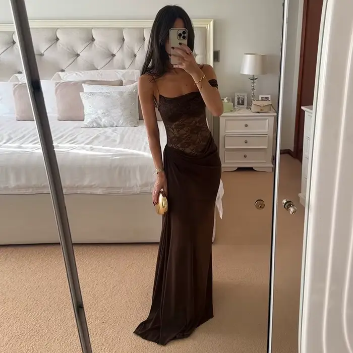 Nouvelle Robe Longue de Soirée Sexy Marron pour Femme