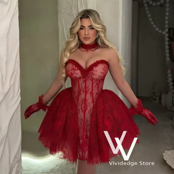 Robe de soirée rouge sexy en dentelle, coupe princesse, col cœur, sans manches, corset bouffant, pou