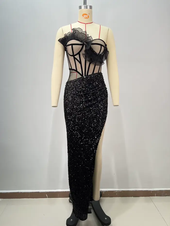 Nouvelle robe de soirée sans bretelles avec bordure à volants, embellissements tridimensionnels, tai