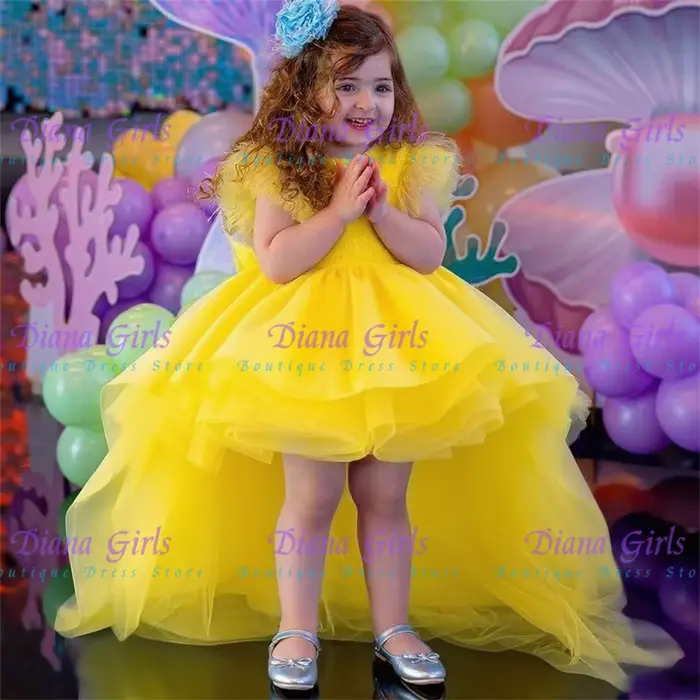 Belle robe bleue à fleurs pour filles, perles perlées, haut de charbon avec jupe bouffante, robes de fête pour tout-petits, grand nœud, haut-bas, longue boule de train