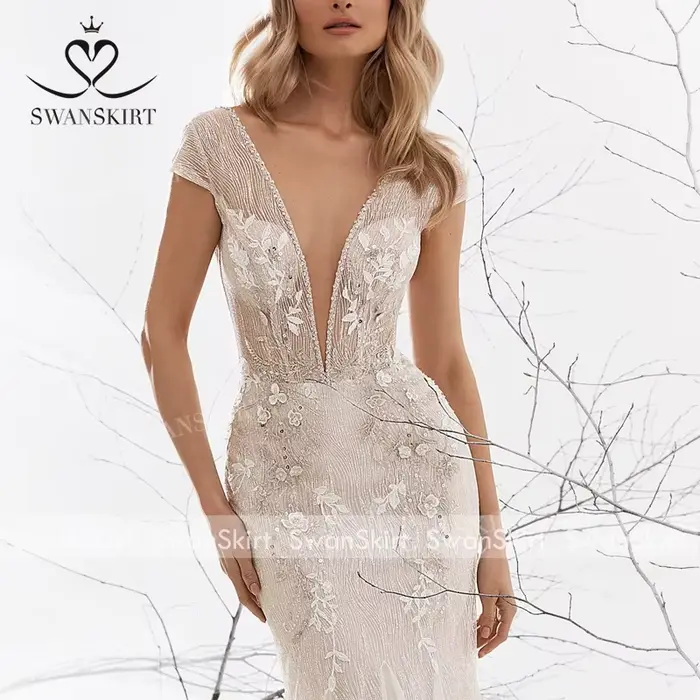 Robe De mariée sirène, col en v, sans manches, perlée, dos nu, personnalisée, SwanSarah UZ65, robe De soirée, 2025