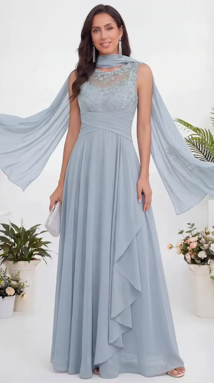 Robe en mousseline de soie longue avec châle et appliques en dentelle pour la mère de la mariée occasions spéciales élégance et sophistication