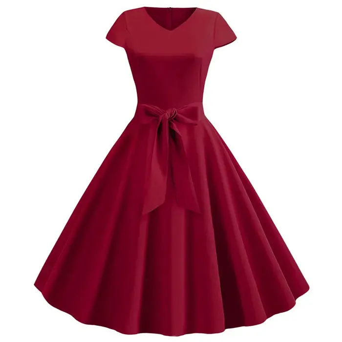 Robe d'été Vintage pour femmes, avec ceinture, manches courtes, col en V, élégante, rétro, robes de