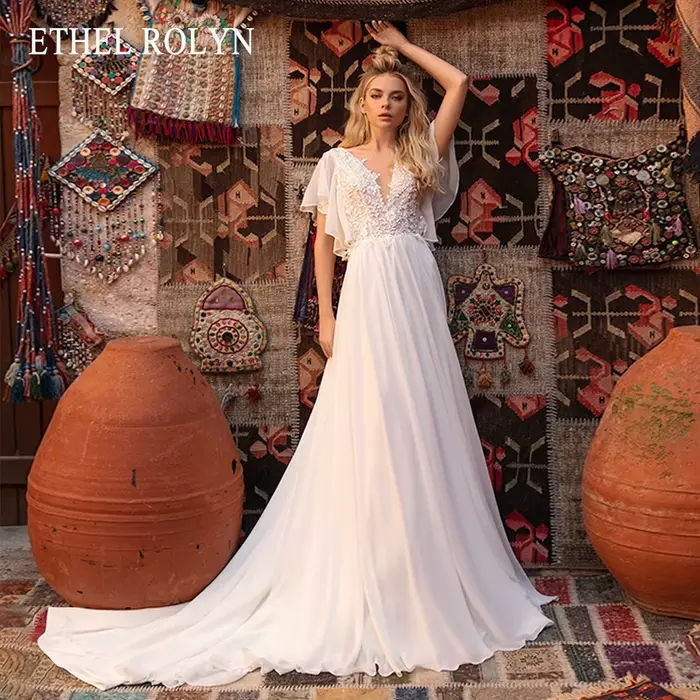 ETHEL ROLYN robe de mariée sirène Chic paillettes col en v Appliques mariée volants manches courtes 