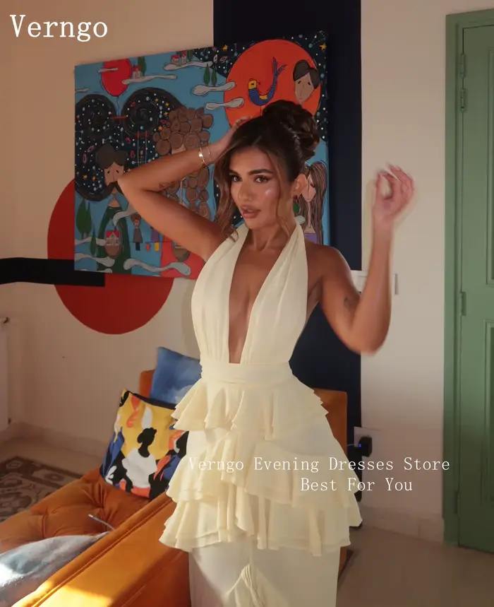 Robe de soirée jaune sexy Verngo style sirène dos nu fente latérale mariage bal de promo personnalisable polyesters élégante occassions spéciales