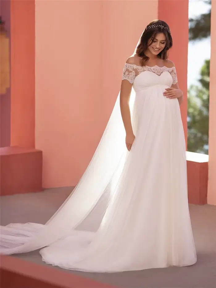 Robe de mariée de plage personnalisée pour femmes enceintes en polyester et élasthanne avec col bateau et manches courtes pour cérémonies de mariage sur la plage