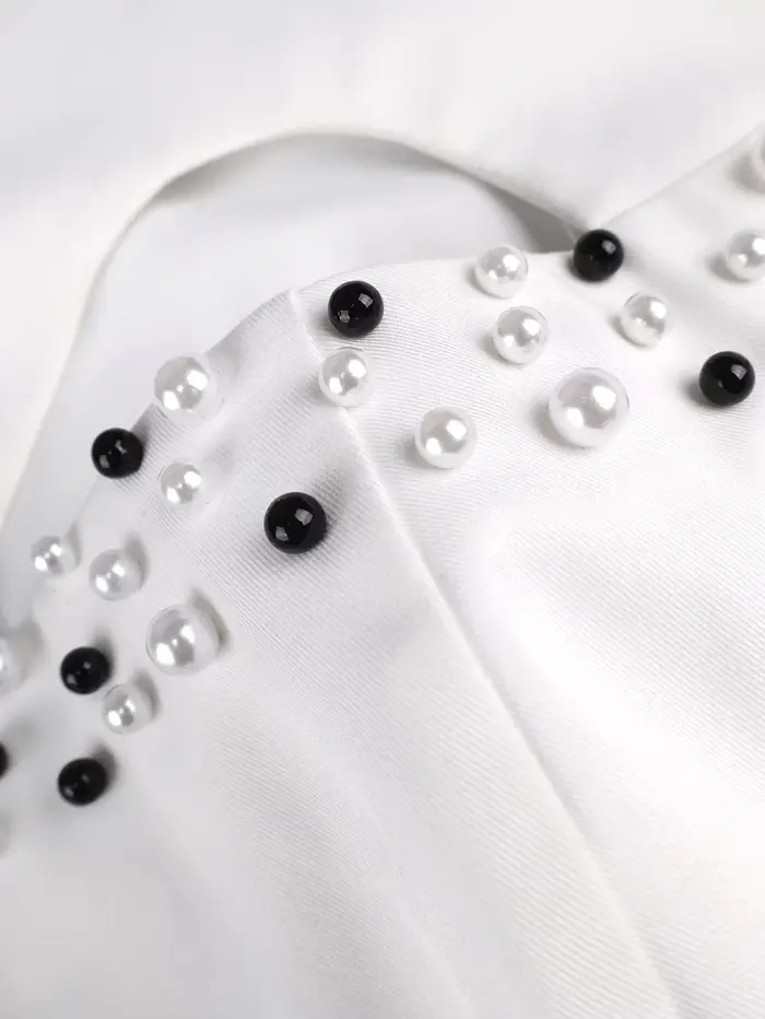 Robe midi blanche pour femmes coupe trapèze col rond perles manches courtes à pétales mode estivale soirée mariage anniversaire