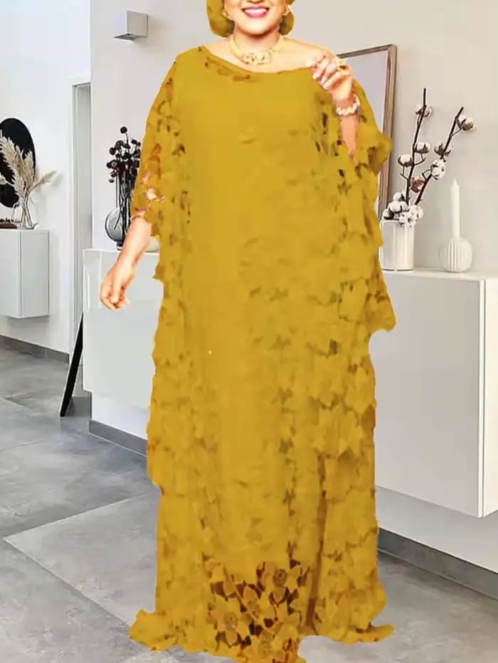 Robe en dentelle ample pour femmes, élégante et décontractée, idéale pour mariages et soirées de gala, en polyester et fibre synthétique, style africain, col rond et manches chauve-souris
