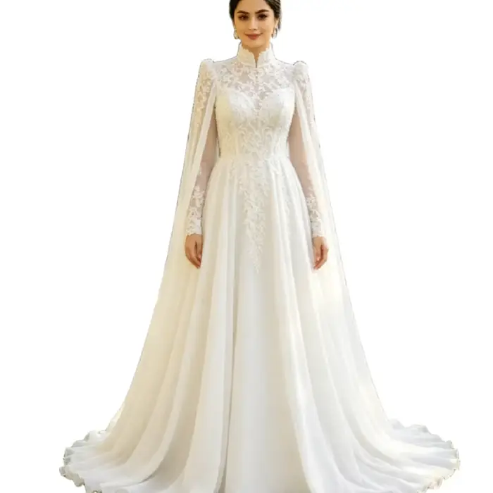 Robe de Mariée Musulmane Élégante avec Cape Appliquées en Dentelle Occasions Spéciales Modeste Abaya Islaque Bohème