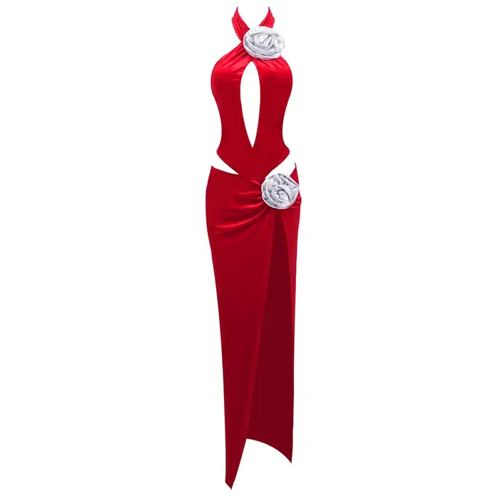 Robe sexy en velours rouge sans manches avec fente haute et appliques de fleurs argentées pour femmes, idéale pour les soirées chic et occasions spéciales