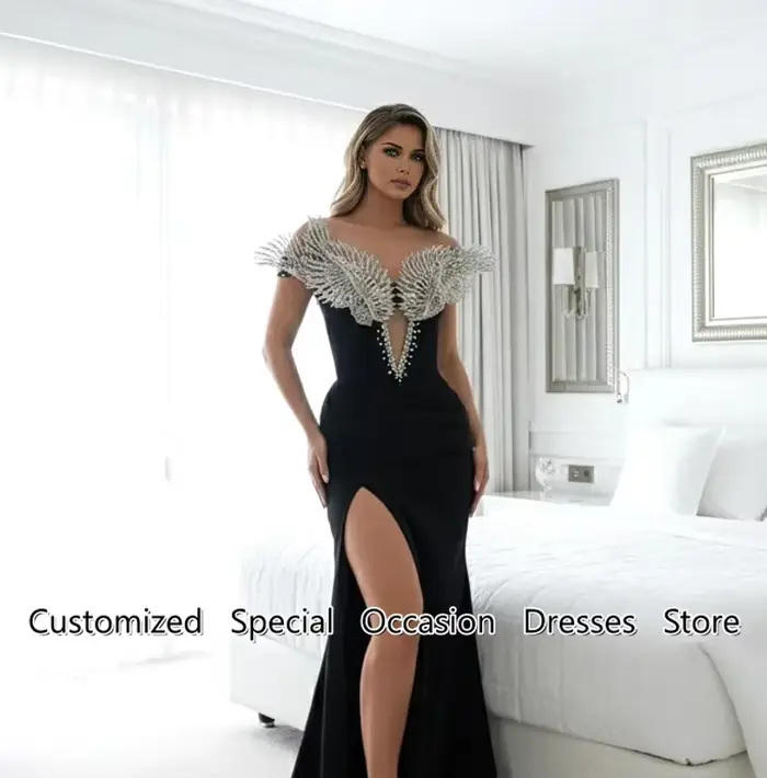 Robe de soirée noire 2026 avec diamants brillants, coupe sirène, épaules dénudées, pour mariage, fêt