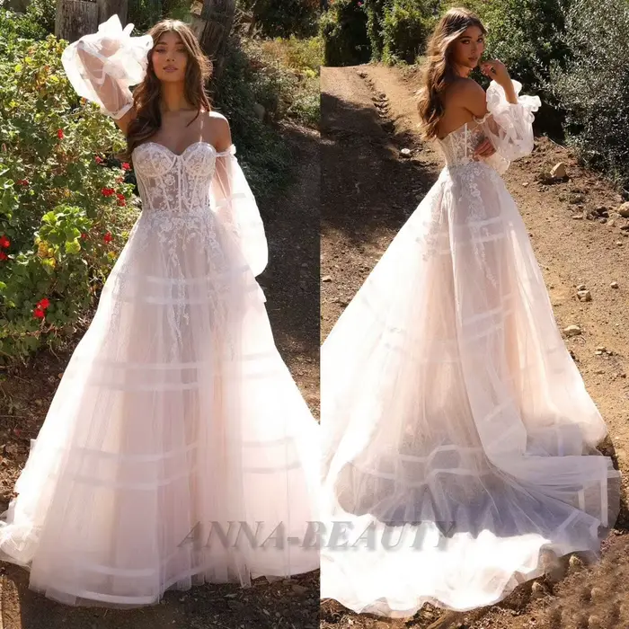 Anna conte de fées une ligne robe de mariée pour mariée manches longues Appliques Tulle plis brosse 
