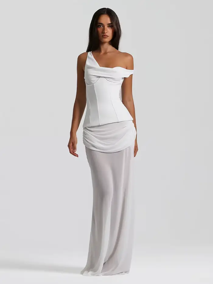 Robe de soirée blanche élégante, asymétrique épaule dénudée, drapée, pour événements formels, robe d'été, à la mode, sans manches, robe de mariée