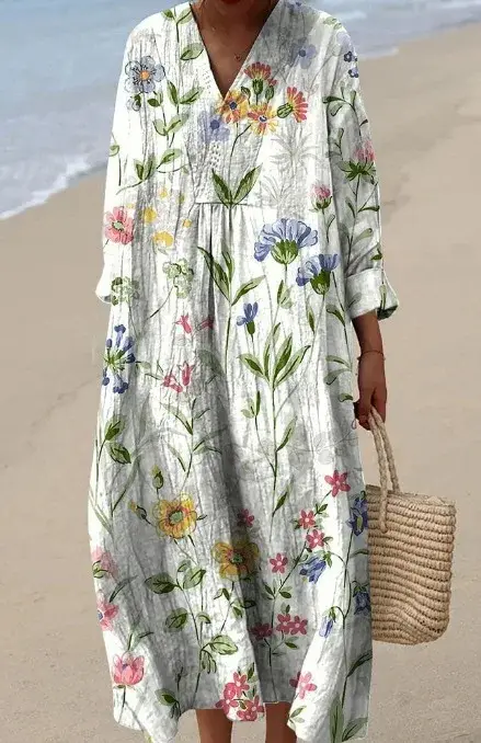 Robe ample de plage col en V imprimée color block pour femme - Style vacances tendance printemps été 2026 - Occasions spéciales et quotidienne