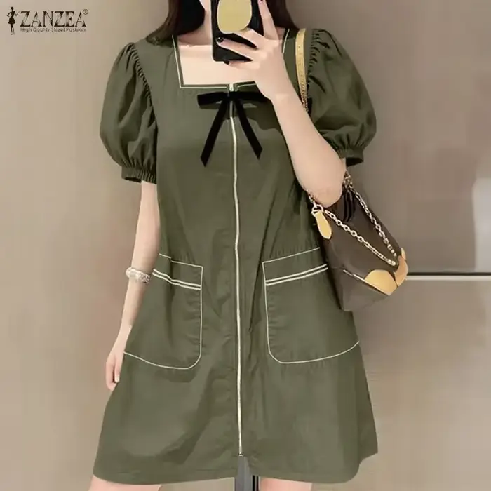 Robe ZANZEA élégante pour femme, col carré, manches courtes bouffantes, polyester, longueur genou, style urbain, solide, pour le travail ou les loisirs, collection été 2026