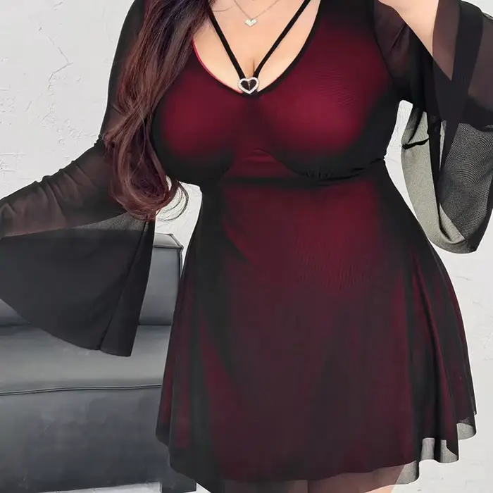 Robe Courte Bordeaux Grande Taille pour Femmes Rondes, en Maille Transparente, Col en V, Décoration 