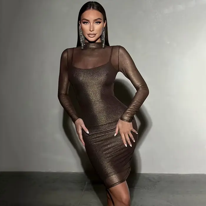 Robes en maille pour femmes, mode Sexy, Clubwear, manches longues, col roulé, slim, transparent, env