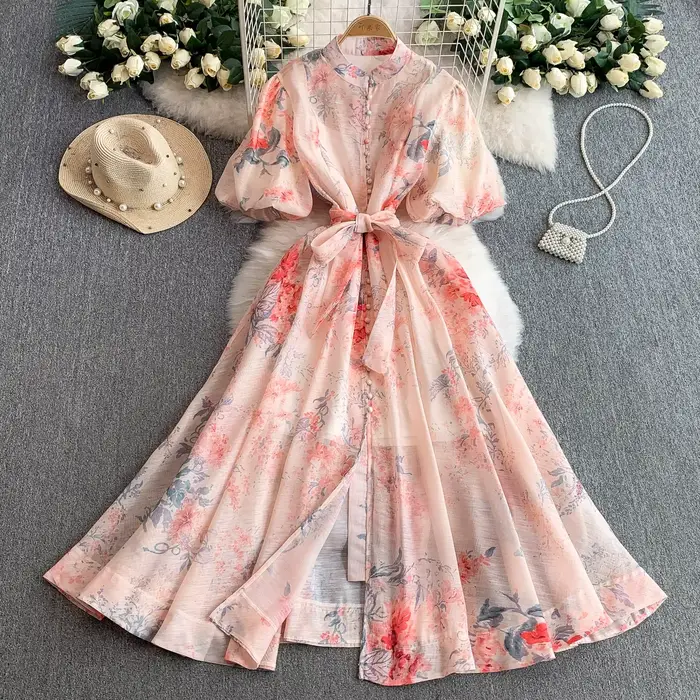 Robe femme imprimé Vintage Euro Palace: col montant manches bouffantes été cravate taille mince robe