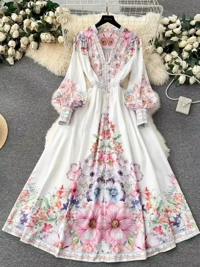 Femmes bohème col en V manches longues lanterne taille élastique Robe Maxi florale automne magnifique fleur