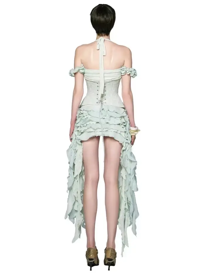 Robe drapée à volants pour femmes, ensemble trois pièces, sexy, collicou, pliable, haut Corset à lacets, short, costumes de fête, Cocktail occasions spéciales soirée événement formel