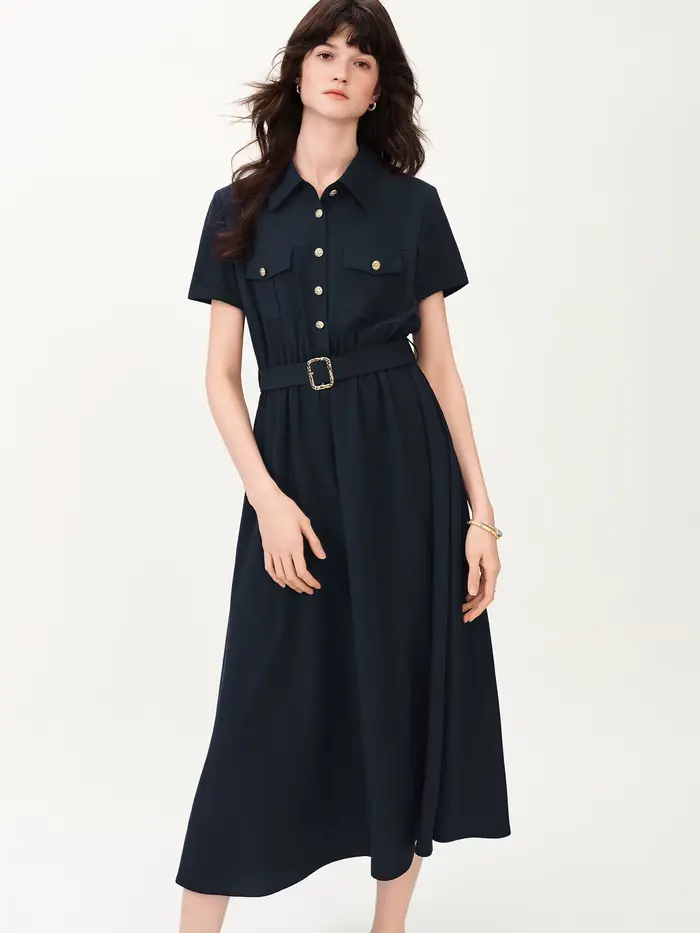 Robe d'été sophistiquée en lin à manches courtes pour femme FSLE 2026 - Coupe trapèze classique mi-l