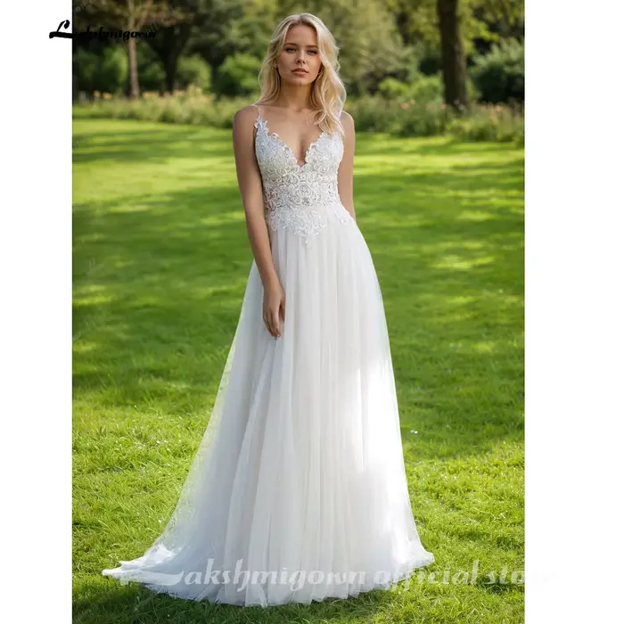 Lakshmigown – robe de mariée bohème à bretelles spaghetti, ligne A, avec appliques en dentelle, col