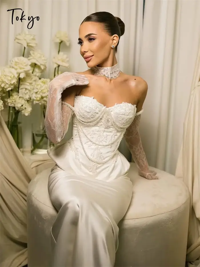 Tokyo personnalisé blanc sirène robes de mariée hors de l'épaule manches longues Satin robe de marié