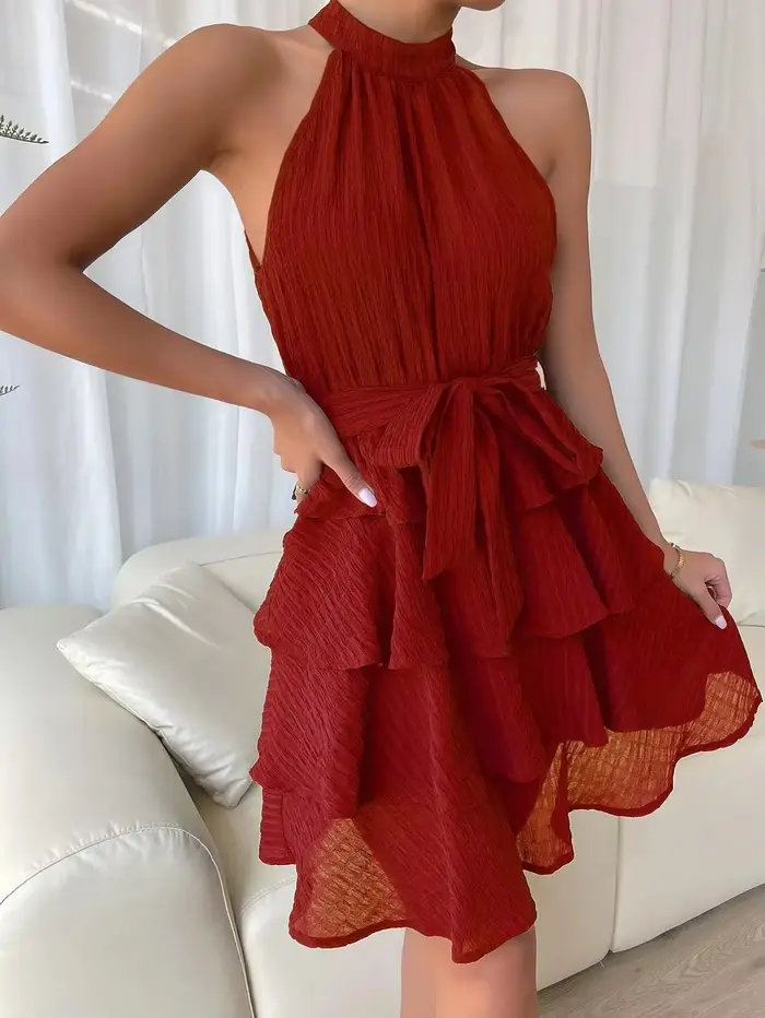 Femmes rouge Mini robe robes 2025 été mode Sexy Style licou sans manches à volants bord attaché femme