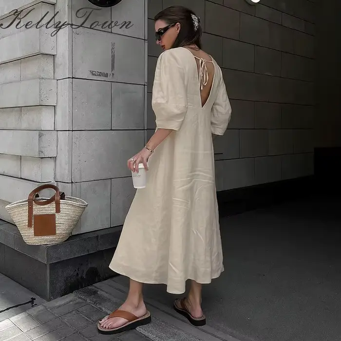 Robe en coton et lin 2026, style Y2K français, col en V, manches bouffantes, robe dos nu à lacets, robes longues décontractées d'été pour femmes