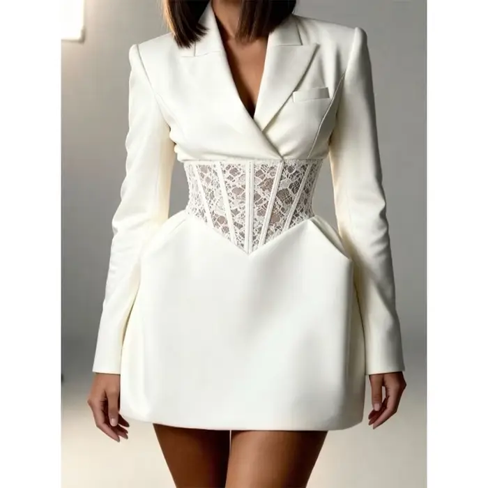 Robe Blazer noire en dentelle Patchwork, épaules rembourrées, décolleté en v profond, manches longue