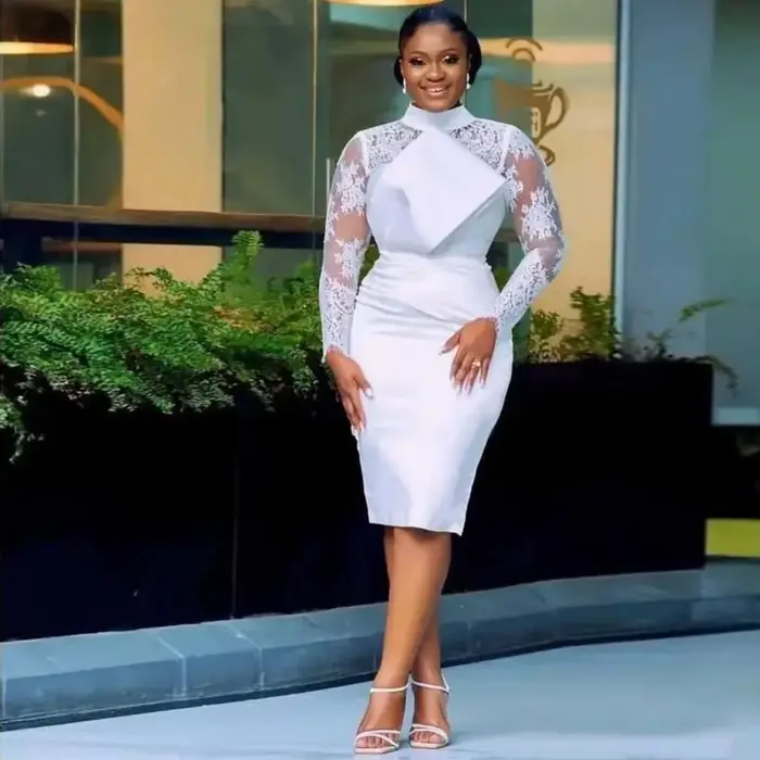 Robe de Cocktail Courte Personnalisée Aso Ebi, en Dentelle Blanche, Col Haut, Manches sulf, pour Inv
