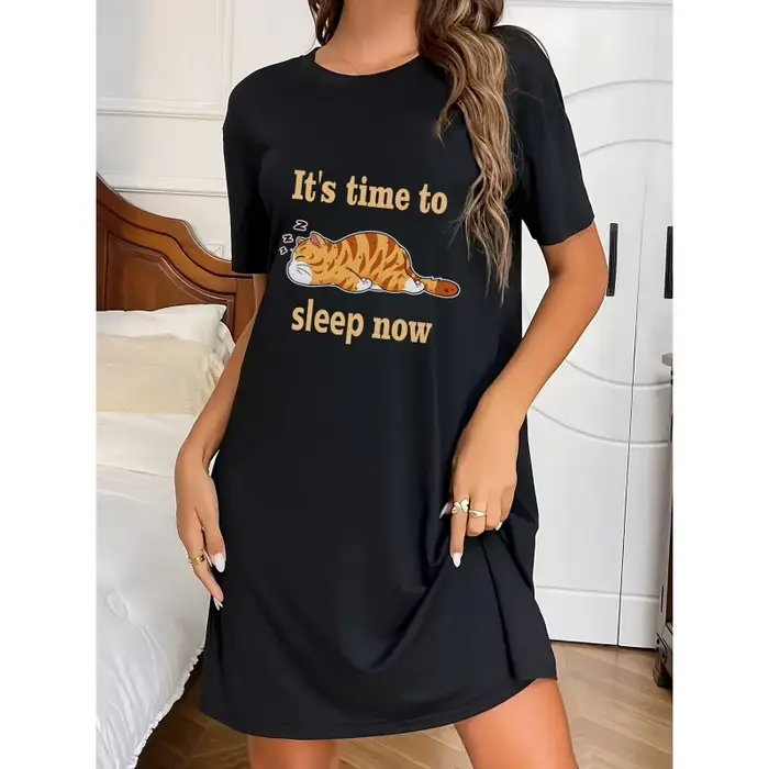 Robe à col rond avec imprimé chaton mignon