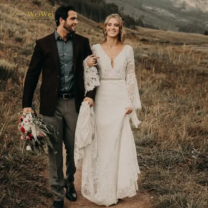 Robe de mariée bohème élégante ligne profonde col V traîne courte manches évasées dos nu ceinture en dentelle occasion spéciale