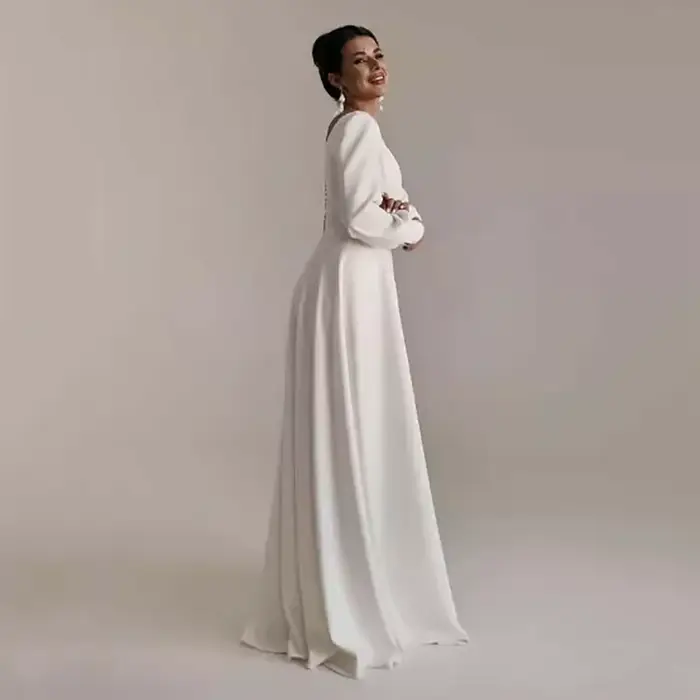 Robe de Mariée Arabe Élégante en Satin Boîteuse à Manches Col Carré Taille Sur Mesure Occasions Spéciales