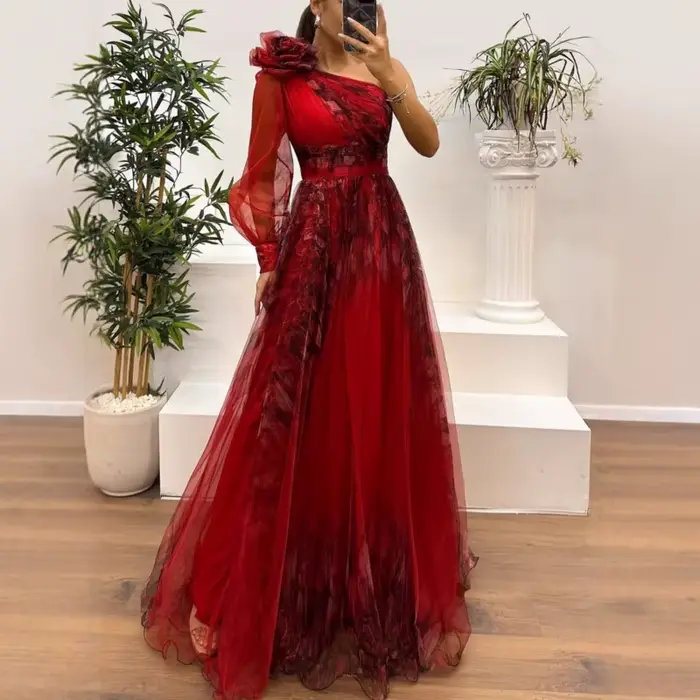 Robe de mariée sexy ample épaules dénudées imprimée pour femmes occasions spéciales soirée gala bal de fin d'année