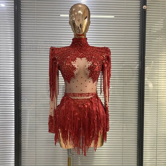Robe de danse de salon pour femme en polyester rouge scintillante avec strass et paillettes pour soirée spectacle danse hip-hop photo