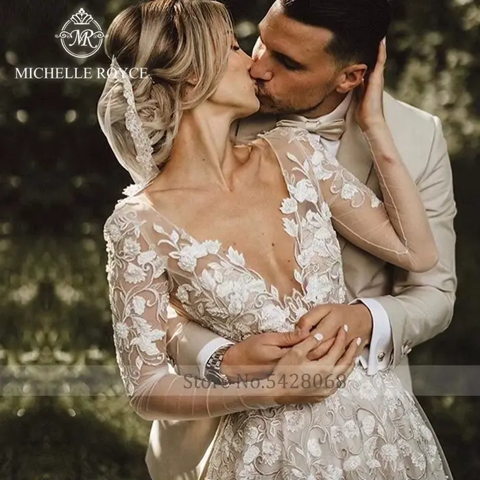 Michelle Royce a-ligne robes De mariée pour les femmes Sexy Appliques dos nu chapelle Train col en v profond robe