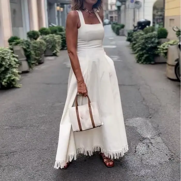 Robe longue d'été à Camisole blanche, décontractée, épaules dénudées, poches, coupe cintrée, élégant
