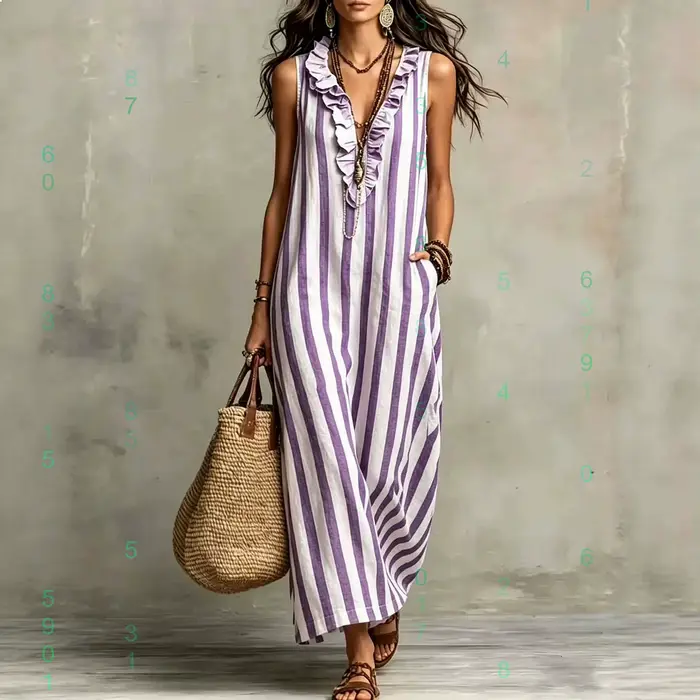 Robe maxi en lin à rayures bohèmes, col en V, robe longue décontractée d'été