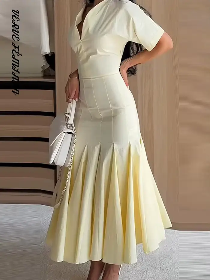 Robe longue moulante pour femmes, col en V, manches courtes, taille cintrée, effet amincissant, couleur unie, idéale pour soirées formelles et cérémonies