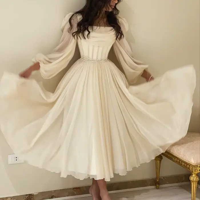 Sharon Said dubaï Beige robe de soirée courte avec ceinture manches longues thé longueur femmes robes