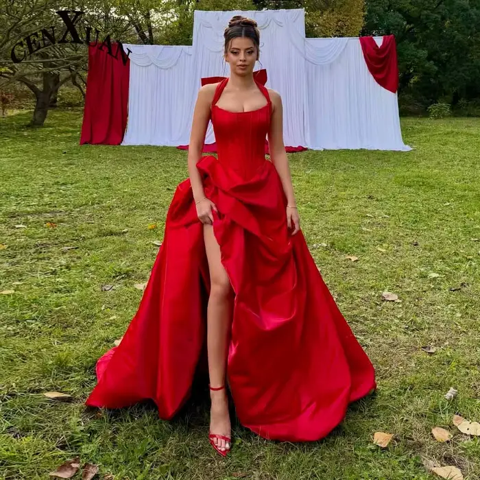 Robe de soirée simple col licou avec fente haute sans manches a-ligne plissée robes d'anniversaire de luxe personnalisées pour femmes occasions spéciales