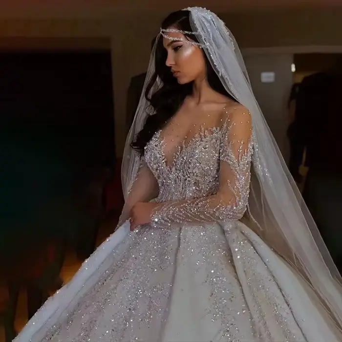 Luxe dubaï cristal perlé robe de bal robes de mariée chérie Illusion manches longues Court Train Tulle