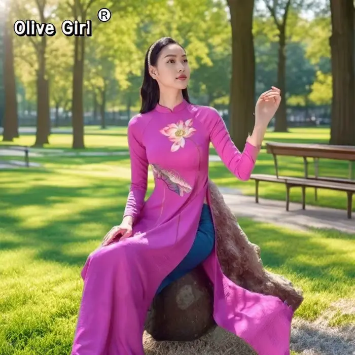 Robe traditionnelle vietnamienne Aodai en polyester Olivegirl pour femmes, occaseions spéciales, élégance et sophistication