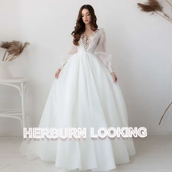 HERBURN charmante robes De mariée en Tulle dentelle Appliques encolure dégagée a-ligne manches bouff