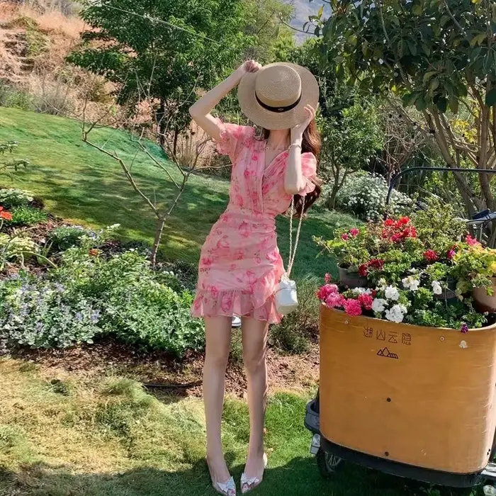 Robe portefeuille à volants imprimé floral rose pour femmes printemps automne élégante occassions spéciales