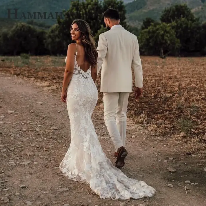HAMMAH moderne Appliques robes De mariée pour Mariages col en V Spaghetti sangle dos nu trompette sans manches robe De Casamento