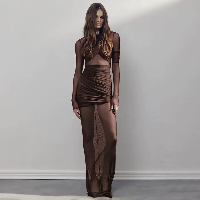 Manches longues robes de soirée femmes froncé Sexy robe Maxi robe mode col incliné drapé cuisse haut