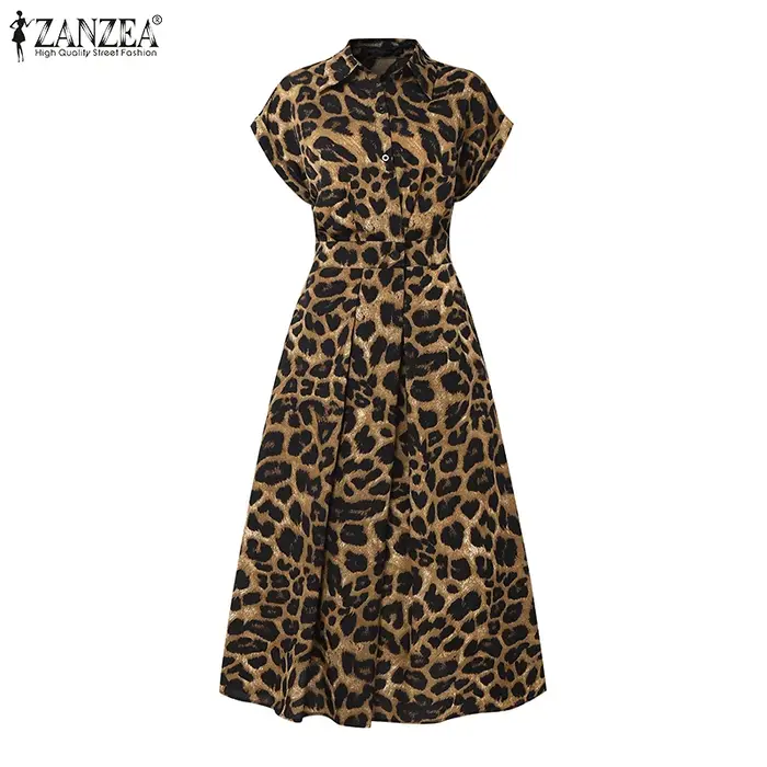 Robe léopard ZANZEA pour femme, polyester, coupe moderne, col rabattu, motifs léopard, occasion bureau et soirée
